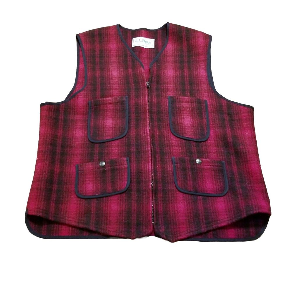 LL Bean Vintage Vest Men's Size Medium Red Black Wool Blend Plaid Full Zip USA